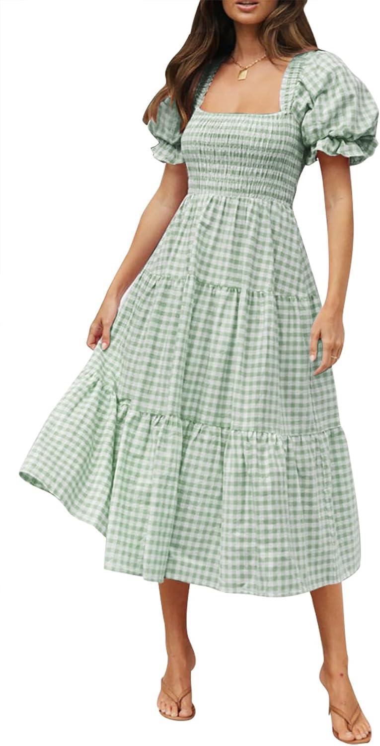 ZESICA Women's Summer Boho Gingham Puff Sleeve Square Neck Beach Midi Dress | 2026 Casual Bohemian Flowy, Swing A Line, Vintage, Baby Shower Cottagecore Maternity Plaid Tea Party Dresses