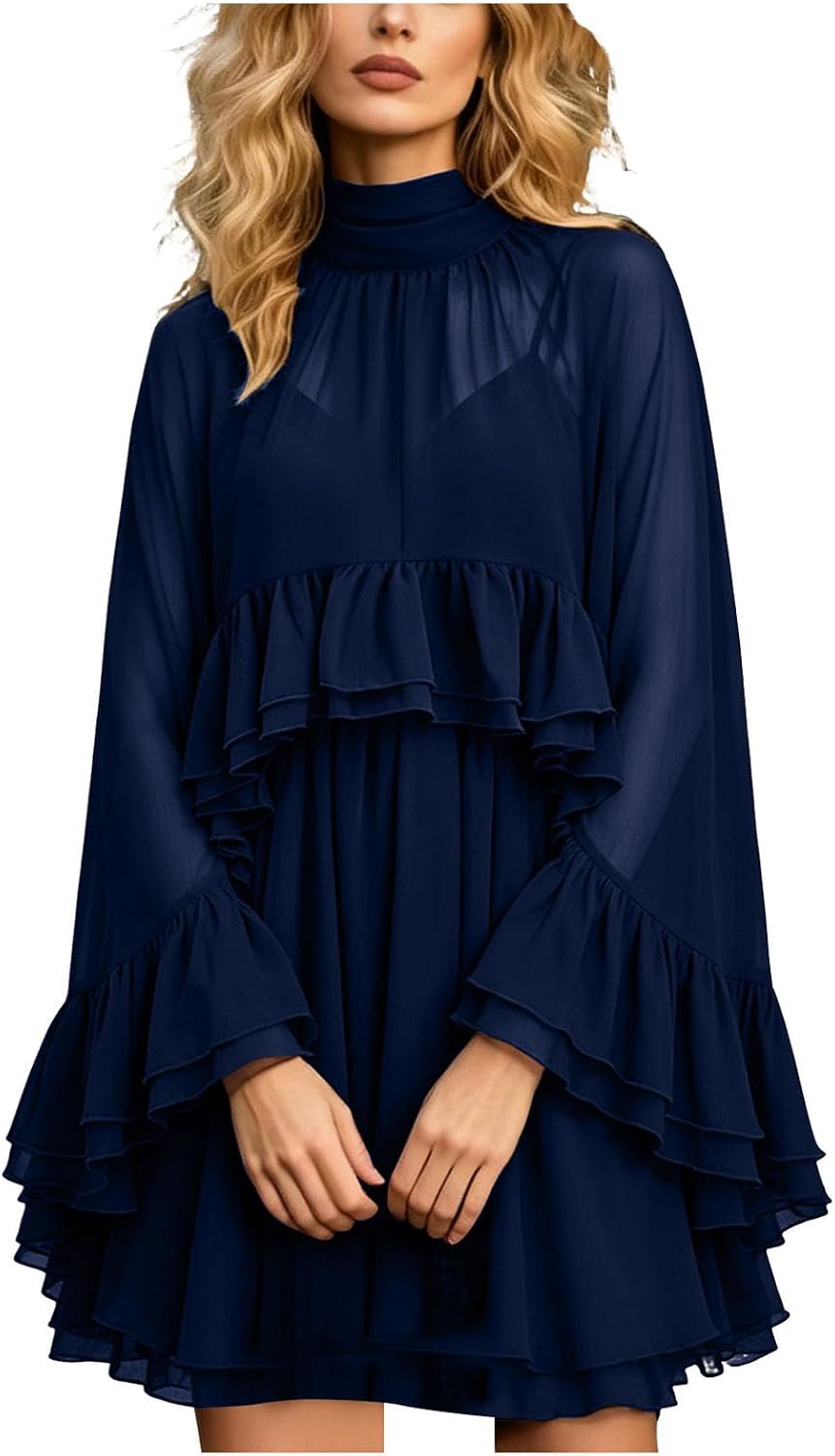Chiffon Cape Dress for Women Sheer Ruffle Cape Sleeve Chiffon Wrap Cami Dress with Shawl Draped Dresses with Sheer Overlay