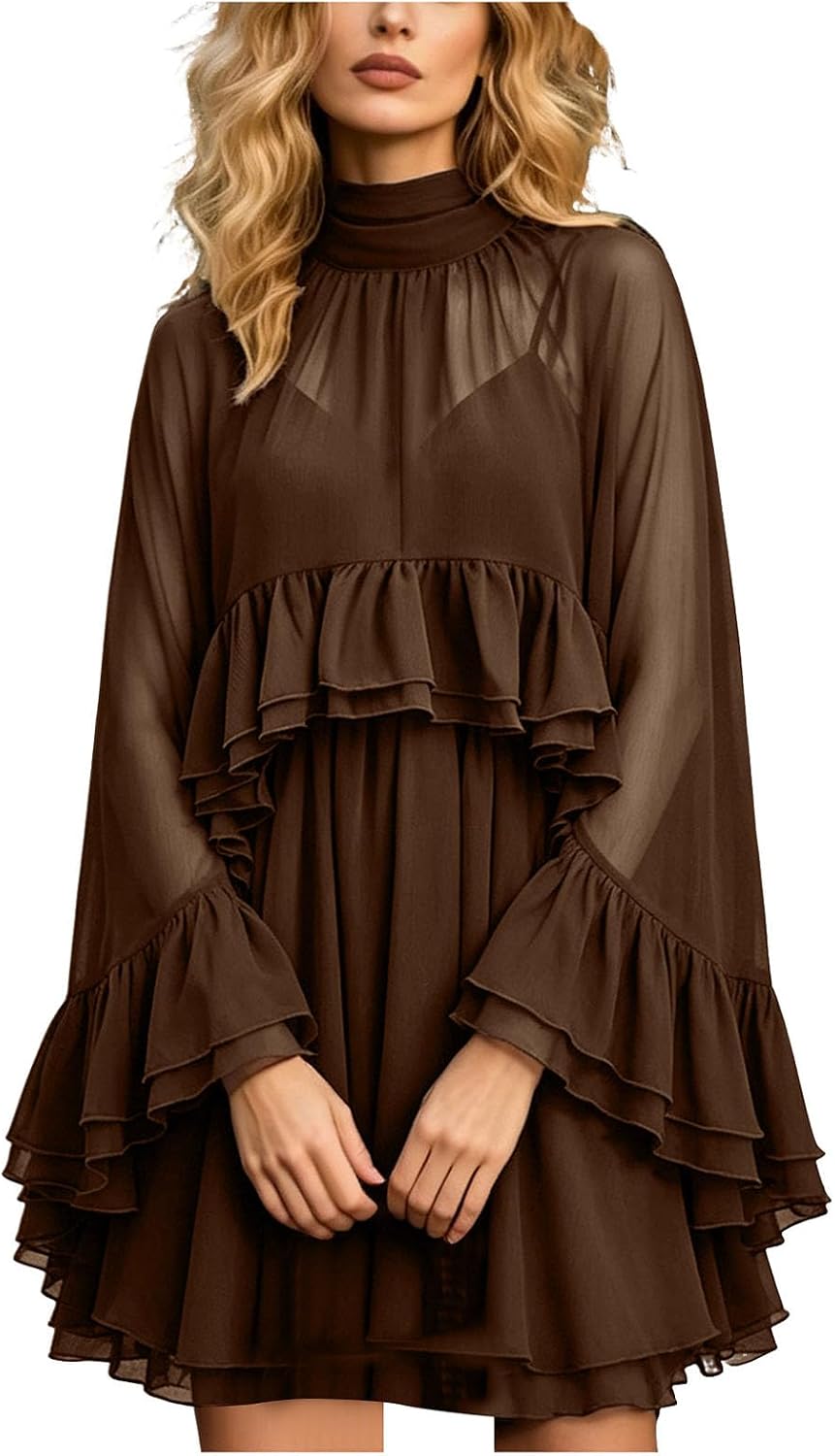 Chiffon Cape Dress for Women Sheer Ruffle Cape Sleeve Chiffon Wrap Cami Dress with Shawl Draped Dresses with Sheer Overlay