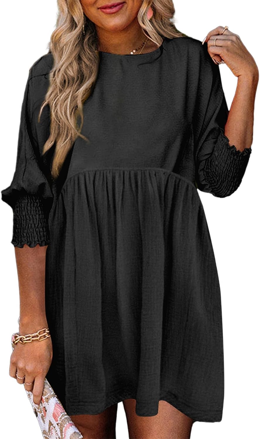 Dokotoo Womens Empire Waist 3\/4 Sleeve Casual Babydoll Mini Dress | Knee Length, Country Western Short Dresses for Fall, Party Church Baby Shower Wedding Guest Office Work Teacher Outfits