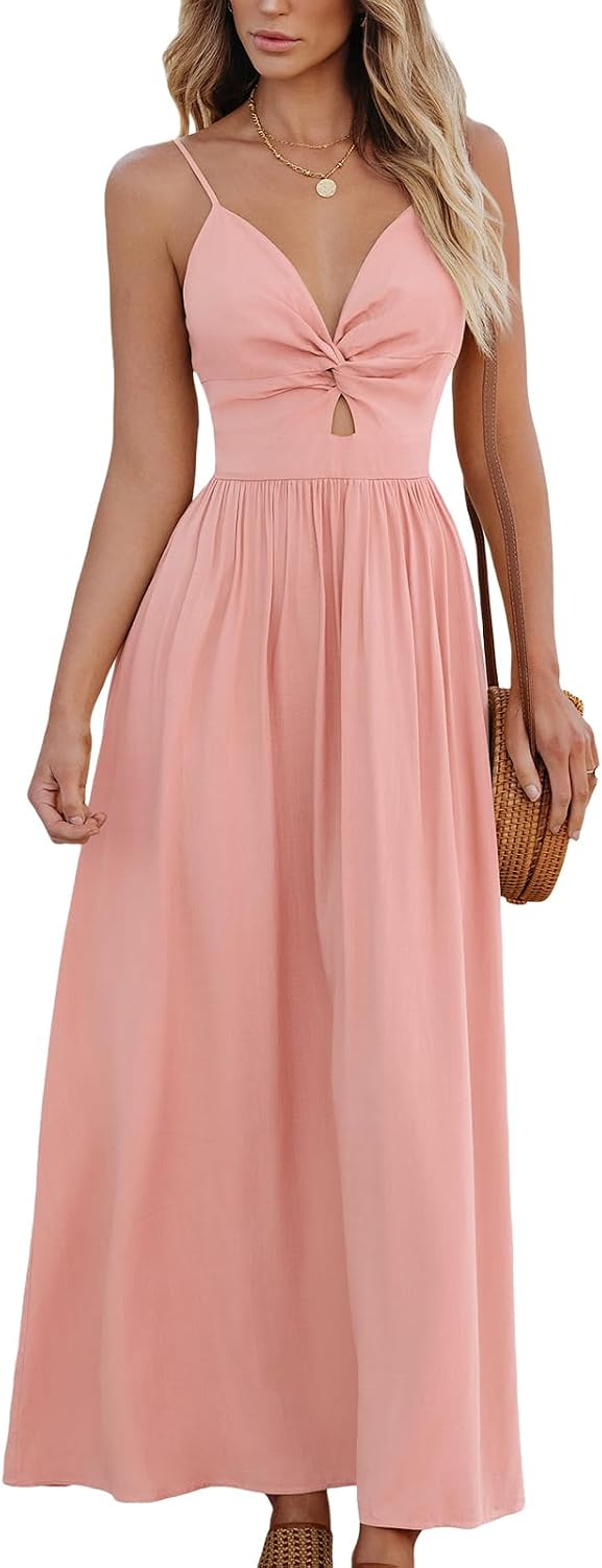 CUPSHE Women's V Neck Twisted Pleated Cutout Backless Formal Maxi Dress | Sleeveless, Self Tie Back, Adjustable Spaghetti Straps, Open Back, Casual Flowy Long Skirt, Summer Beach Resort Sundress