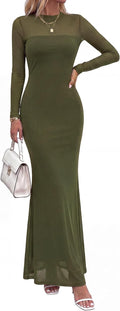 PRETTYGARDEN Women's Long Sleeve Formal Mesh Fall Wedding Guest Maxi Dress | Sexy Sheer Fabric, Elegant Bodycon Slimming Mermaid Long Dress for Cocktail, Holiday Party, Date Night, Winter Dresses