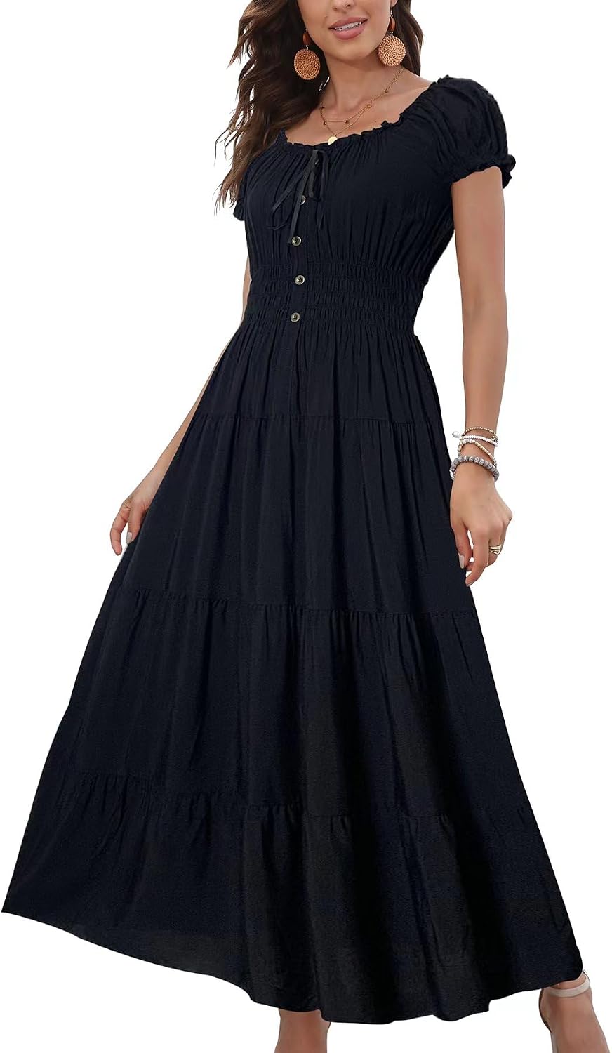OSTOO Women's 2026 Maxi Dress Short Sleeves Boho Floral Print Tiered Casual Flowy Summer Long Dress