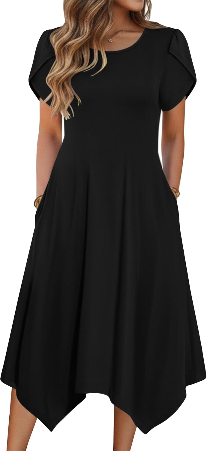 Zeagoo Womens Casual Dress for Summer Loose Hankerchief Flare Midi Sundress | Floral Print, Boho Style, Fall Wedding Guest Dress, A Line,Crew Neck, Side Pockets, Asymmetrical Hem, for Beach, Casual,Daily