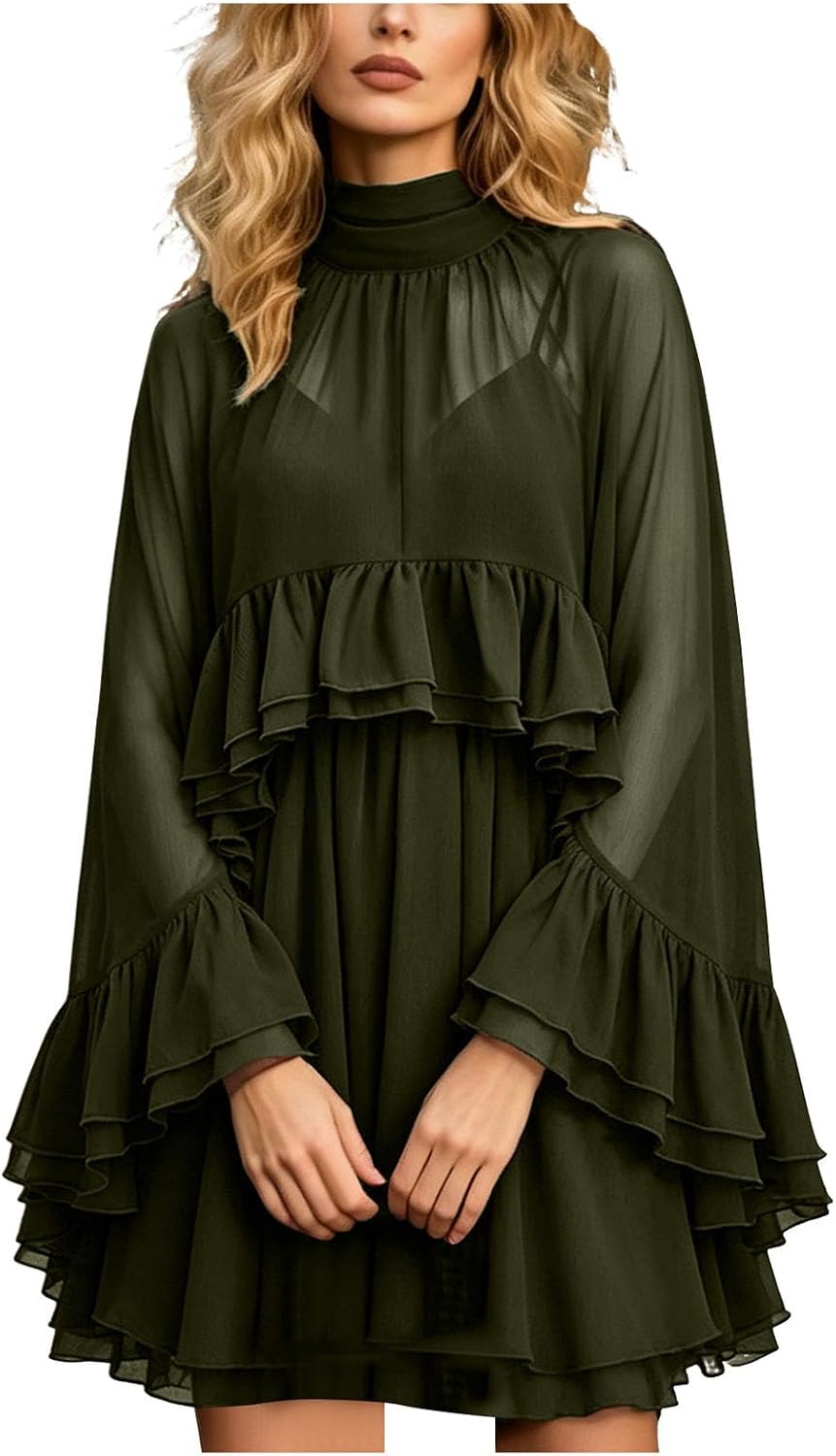 Chiffon Cape Dress for Women Sheer Ruffle Cape Sleeve Chiffon Wrap Cami Dress with Shawl Draped Dresses with Sheer Overlay