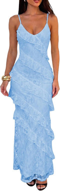 HOCILLE Women's Sexy V Neck Floral Wedding Guest Cocktail Maxi Dress | Sundress Lace Bodycon Spaghetti Strap Elegant Ruffle Party Long Dresses