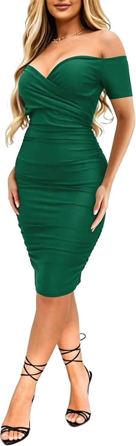Ekaliy Women's Sexy Off The Shoulder Midi Dress Ruched Bodycon Dresses | Stretchy fabric,off shoulder,bodycon,short sleeve,ruched midi dress hugs curves for formal occasions