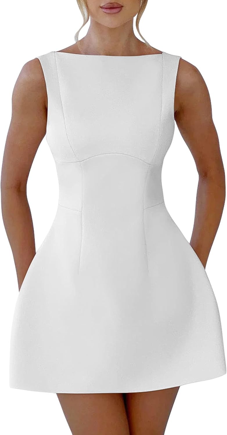 YMDUCH Women's Sexy Sleeveless Crew Neck A-line Party Mini Dress | Backless,Back Zipper,Short,Sexy,Club,Solid,Fitted,Elegant,Cocktail,Party,Comfy,Wedding Guest,Graduation,Date Night,Sexy