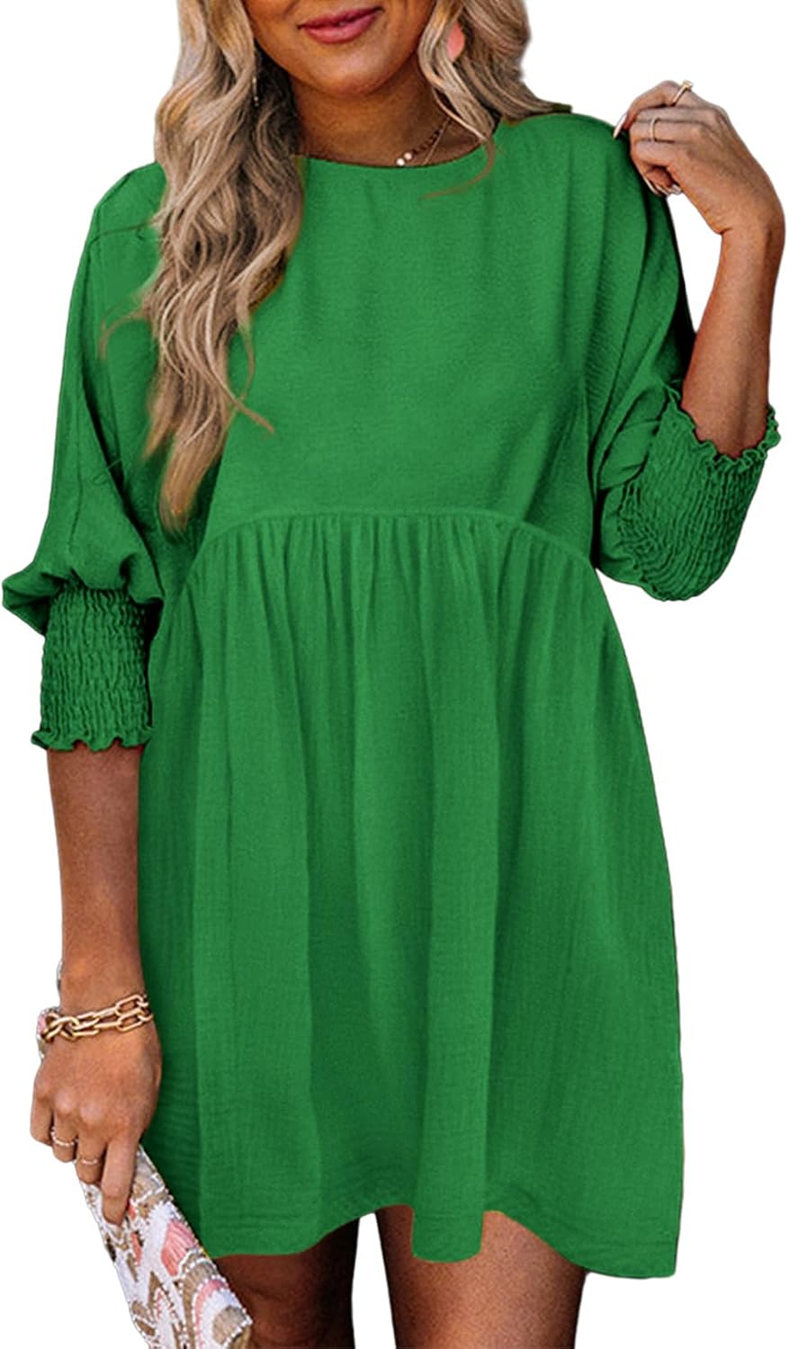 Dokotoo Womens Empire Waist 3\/4 Sleeve Casual Babydoll Mini Dress | Knee Length, Country Western Short Dresses for Fall, Party Church Baby Shower Wedding Guest Office Work Teacher Outfits