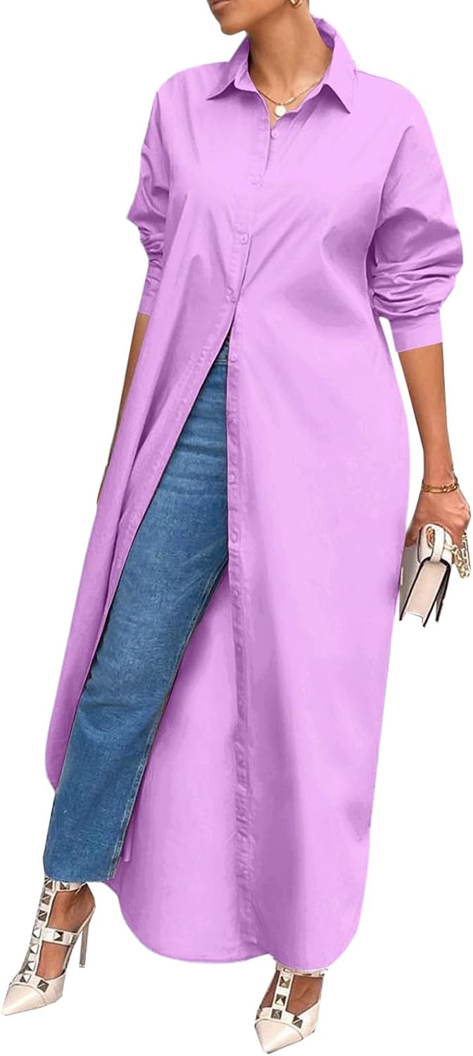 Shirt Dresses for Women Casual Long Sleeve Cotton Button Down Maxi Dresses | Oversized,Solid Color,Loose Fit,Plus Size,Long Shirts,Button Down Dress