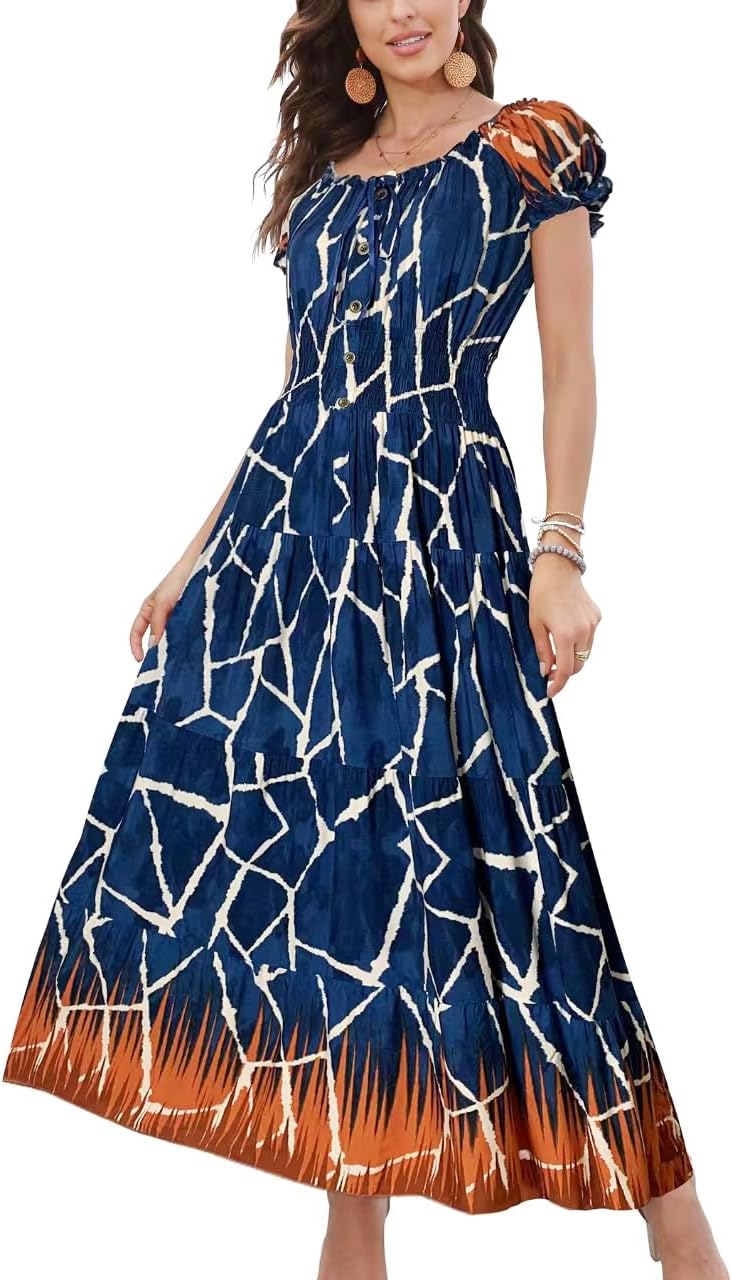OSTOO Women's 2026 Maxi Dress Short Sleeves Boho Floral Print Tiered Casual Flowy Summer Long Dress