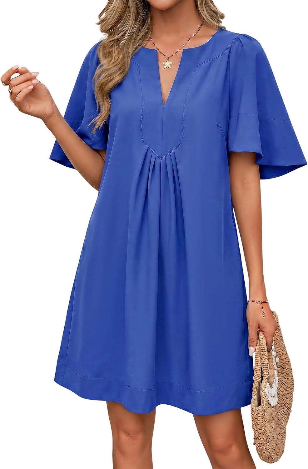 Wenrine Womens Shift Mini Dress Casual Short Sleeve Summer Dresses | Flutter Sleeve, V Neck, Loose Fit, Flowy, Short Beach dresses, Vacation