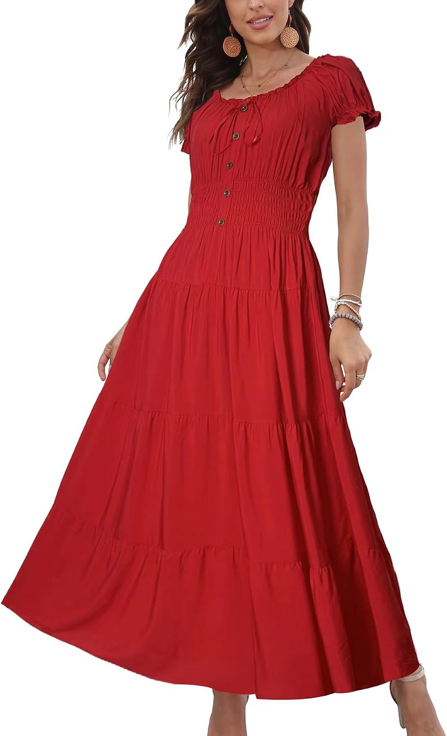 OSTOO Women's 2026 Maxi Dress Short Sleeves Boho Floral Print Tiered Casual Flowy Summer Long Dress