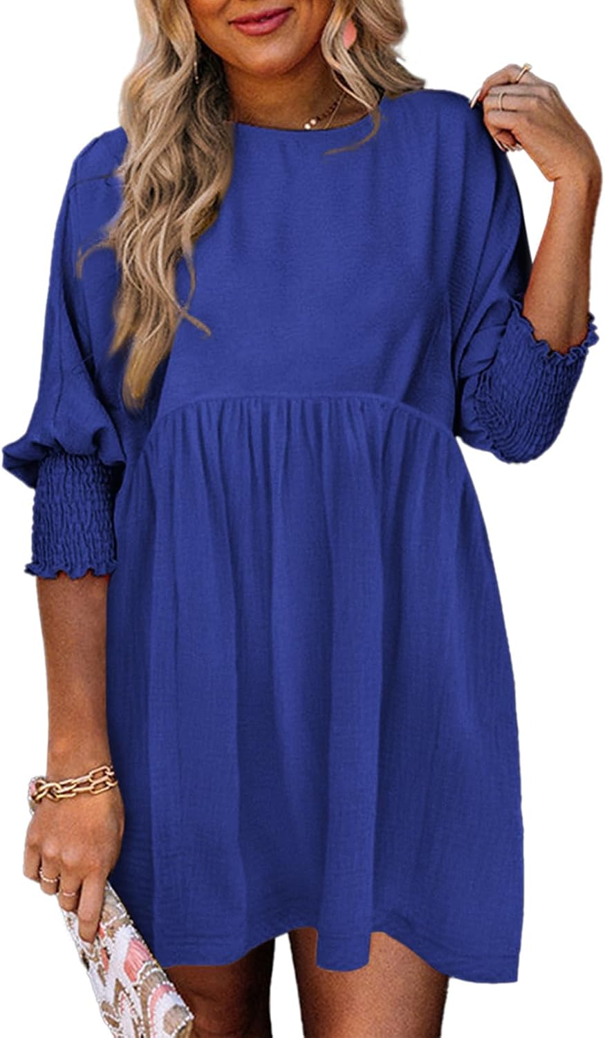 Dokotoo Womens Empire Waist 3\/4 Sleeve Casual Babydoll Mini Dress | Knee Length, Country Western Short Dresses for Fall, Party Church Baby Shower Wedding Guest Office Work Teacher Outfits