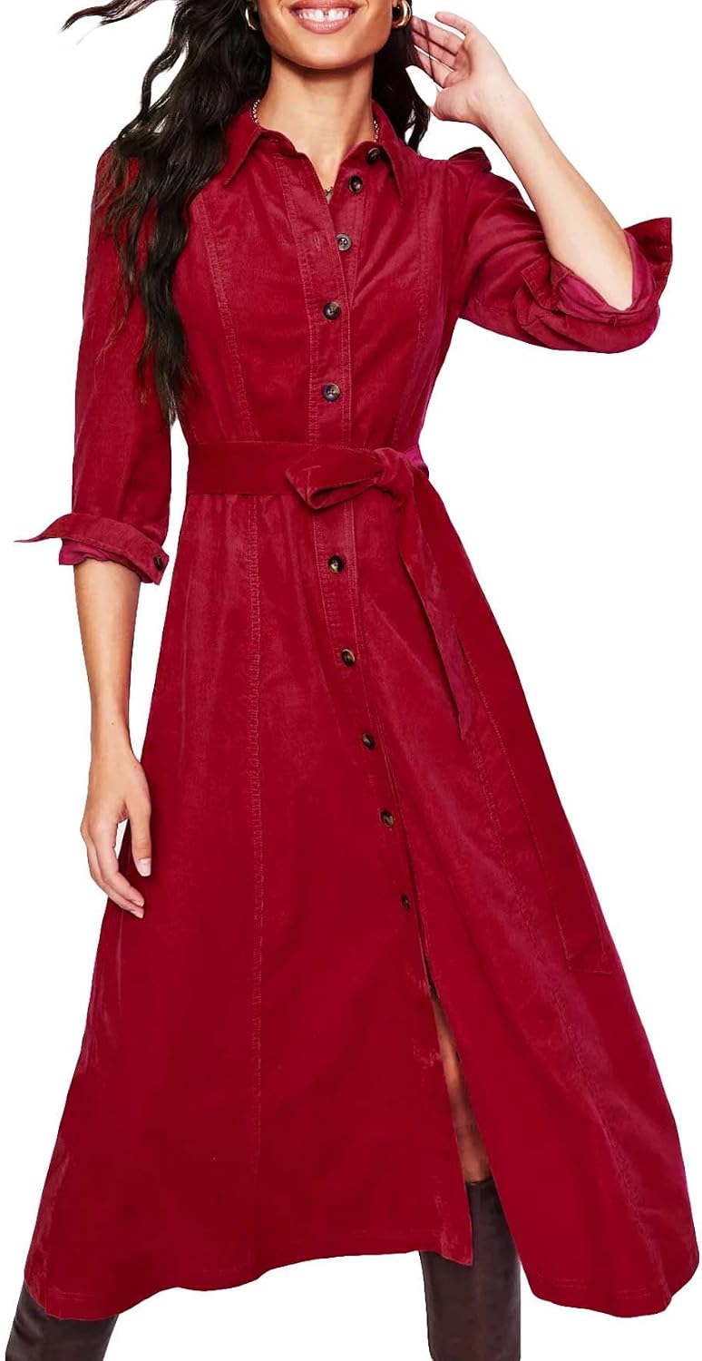YEXPINE Women's Corduroy Maxi Dress Button Down Shirt Dress with Belt | Long Sleeve Collared V-Neck Maxi Dresses with Pockets, 2026 Fall Winter Dresses