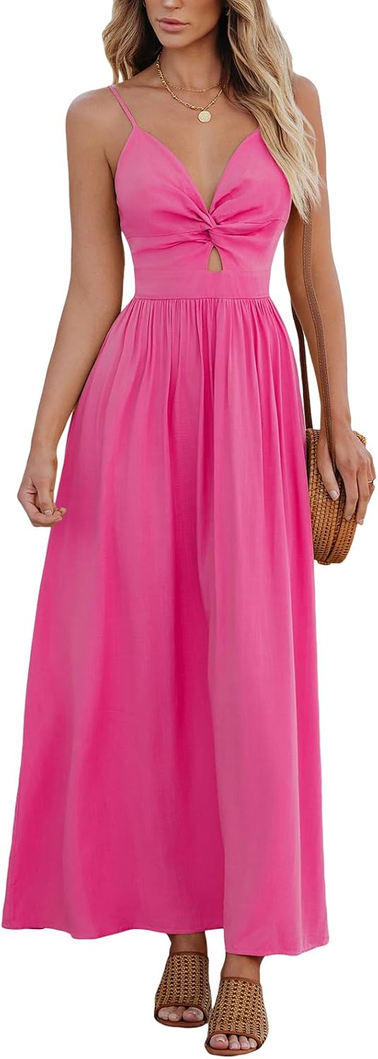 CUPSHE Women's V Neck Twisted Pleated Cutout Backless Formal Maxi Dress | Sleeveless, Self Tie Back, Adjustable Spaghetti Straps, Open Back, Casual Flowy Long Skirt, Summer Beach Resort Sundress