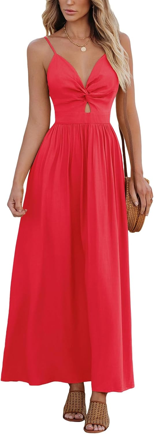 CUPSHE Women's V Neck Twisted Pleated Cutout Backless Formal Maxi Dress | Sleeveless, Self Tie Back, Adjustable Spaghetti Straps, Open Back, Casual Flowy Long Skirt, Summer Beach Resort Sundress