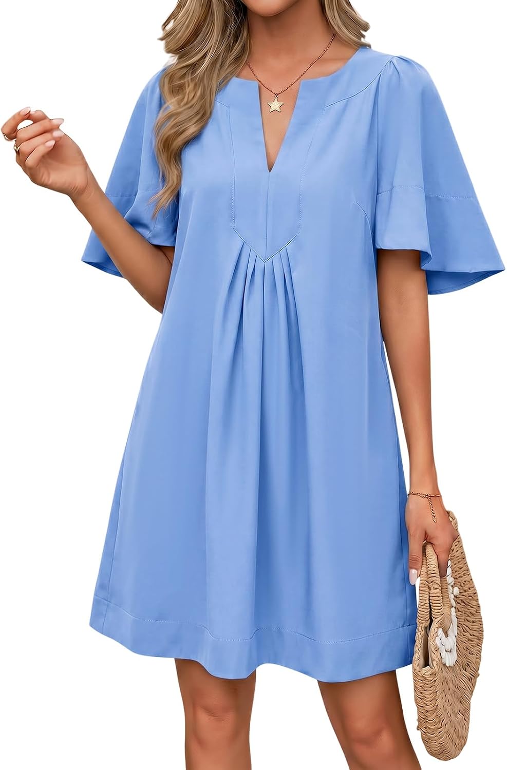 Wenrine Womens Shift Mini Dress Casual Short Sleeve Summer Dresses | Flutter Sleeve, V Neck, Loose Fit, Flowy, Short Beach dresses, Vacation