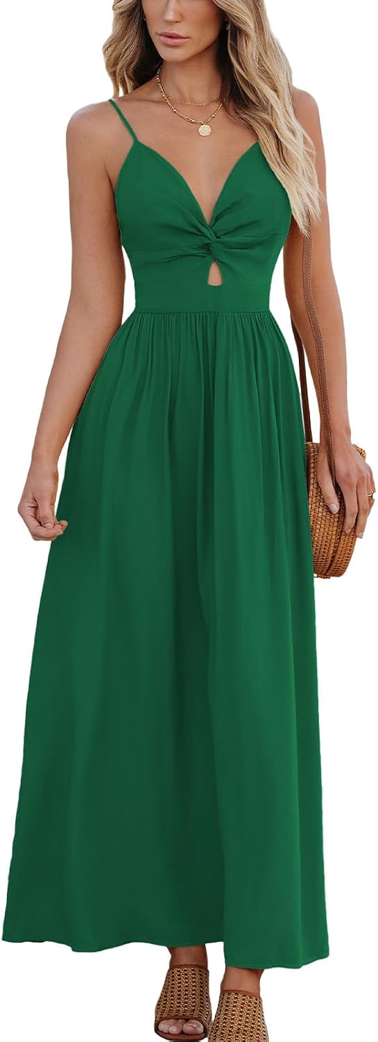 CUPSHE Women's V Neck Twisted Pleated Cutout Backless Formal Maxi Dress | Sleeveless, Self Tie Back, Adjustable Spaghetti Straps, Open Back, Casual Flowy Long Skirt, Summer Beach Resort Sundress