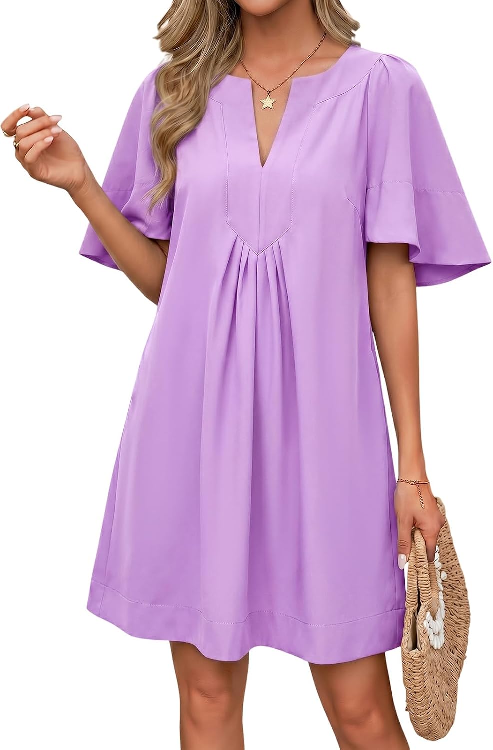 Wenrine Womens Shift Mini Dress Casual Short Sleeve Summer Dresses | Flutter Sleeve, V Neck, Loose Fit, Flowy, Short Beach dresses, Vacation