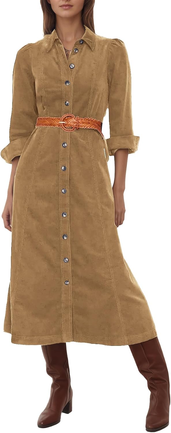 YEXPINE Women's Corduroy Maxi Dress Button Down Shirt Dress with Belt | Long Sleeve Collared V-Neck Maxi Dresses with Pockets, 2026 Fall Winter Dresses