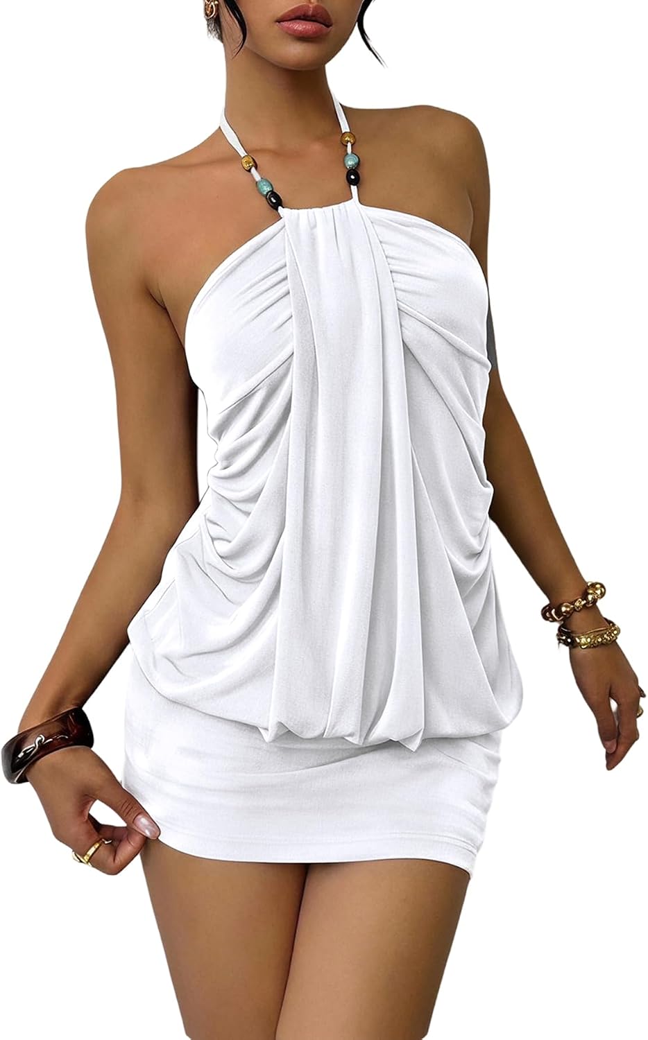 SOLY HUX Women's Y2K Halter Neck Bodycon Built-in Shorts Mini Dress | Ruched, Boho, Clubwear, Y2K Dress for Women, Sexy, Backless, Sleeveless, Night Out Dress