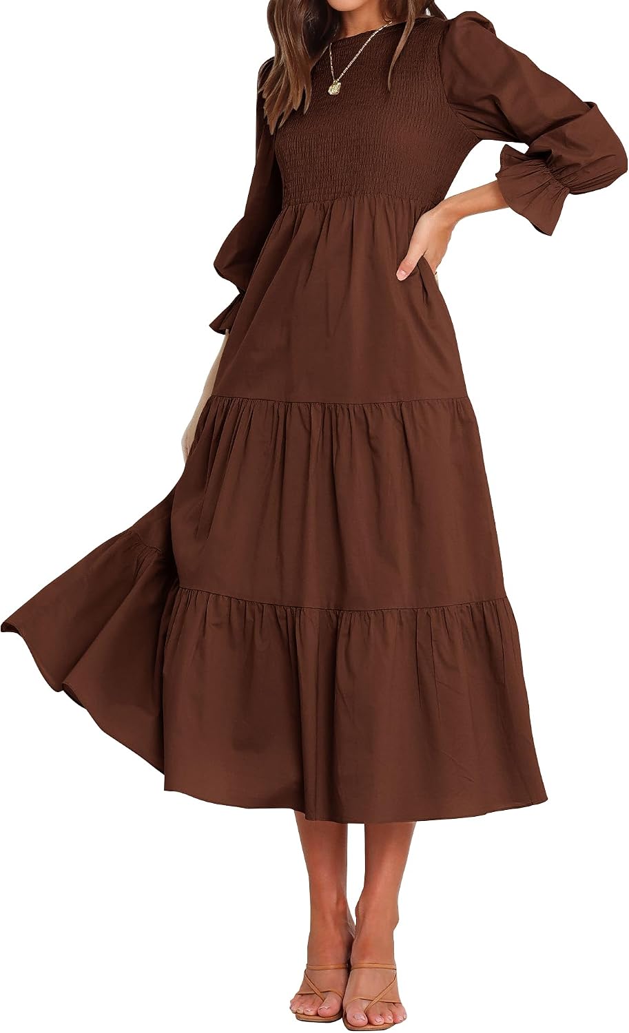 BTFBM Women Casual Long Sleeve Crew Neck Fall Dress Bohemian Relaxed Fit Floral Flowy Maxi Dresses Tiered Cocktail Dress
