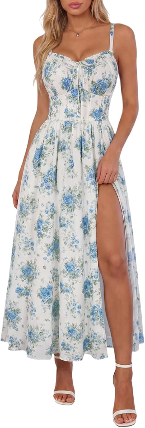 Scarlet Darkness Wedding Guest Dresses for Women Floral Corset Sundress | V Neck, Slit, with Pockets, for Summer, Tea Party, Graduation, Casual