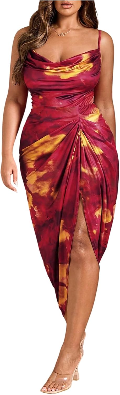WDIRARA Women's Plus Size Tie Dye Bodycon Long Dress Cowl Neck Sleeveless Ruched Split Cami Dresses
