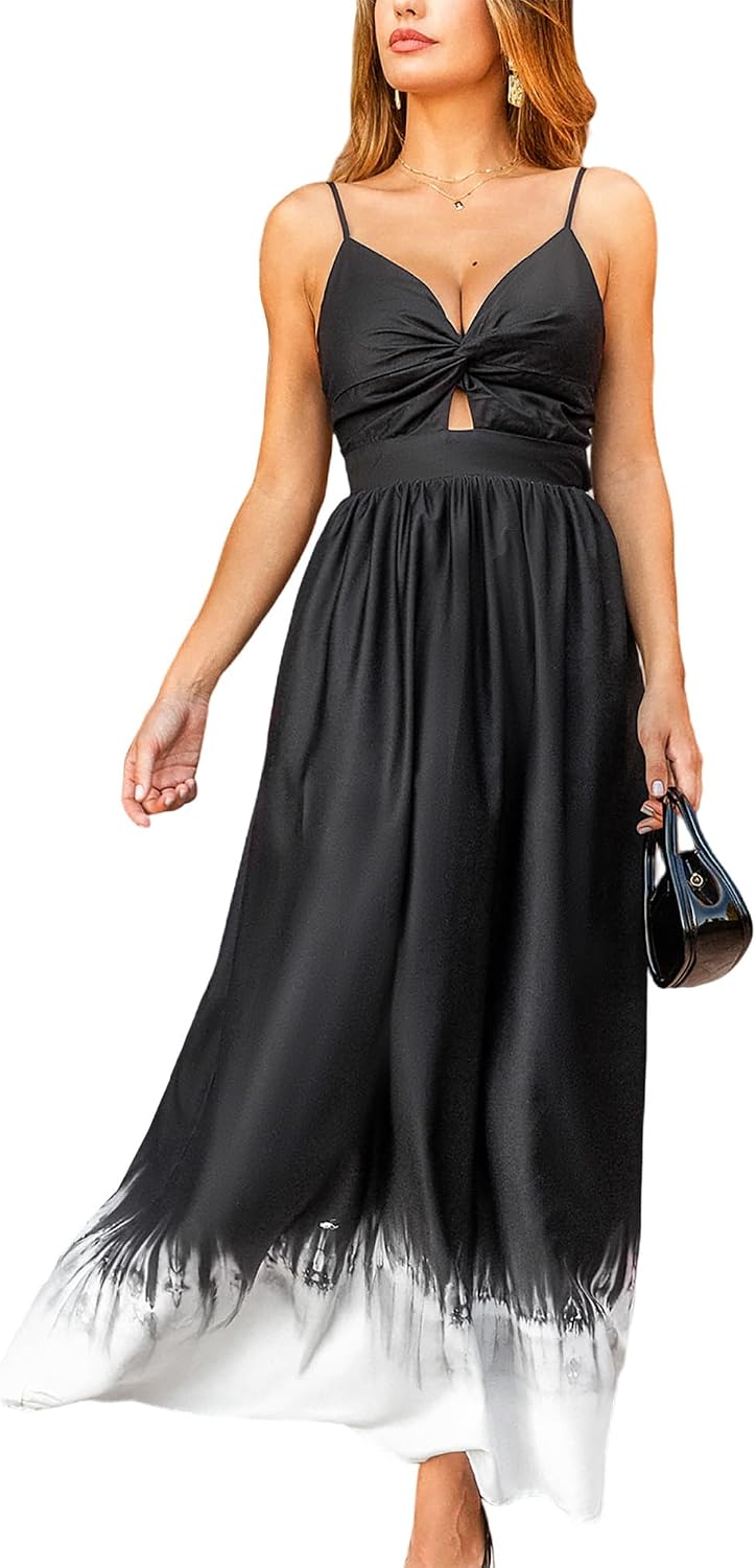 CUPSHE Women's V Neck Twisted Pleated Cutout Backless Formal Maxi Dress | Sleeveless, Self Tie Back, Adjustable Spaghetti Straps, Open Back, Casual Flowy Long Skirt, Summer Beach Resort Sundress