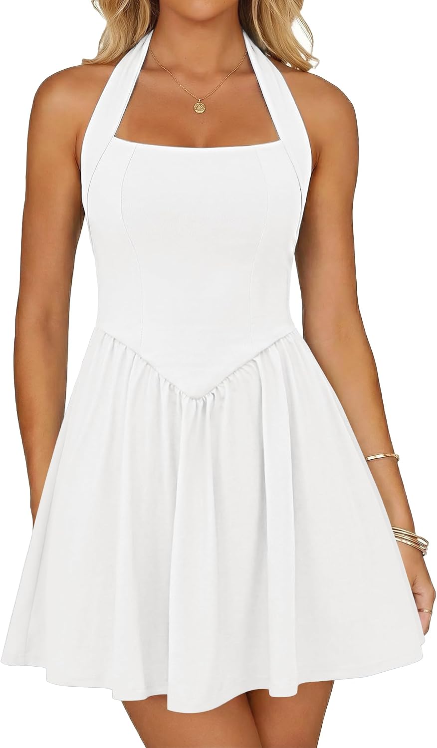 Zelroxa White Dress Women Halter Sleeveless Mini Homecoming Short Dresses | Graduation Cocktail Hoco Party Square Neck Cute Summer Flowy A line Sexy Sundress with Pockets for Teens 2026 Trendy Outfits