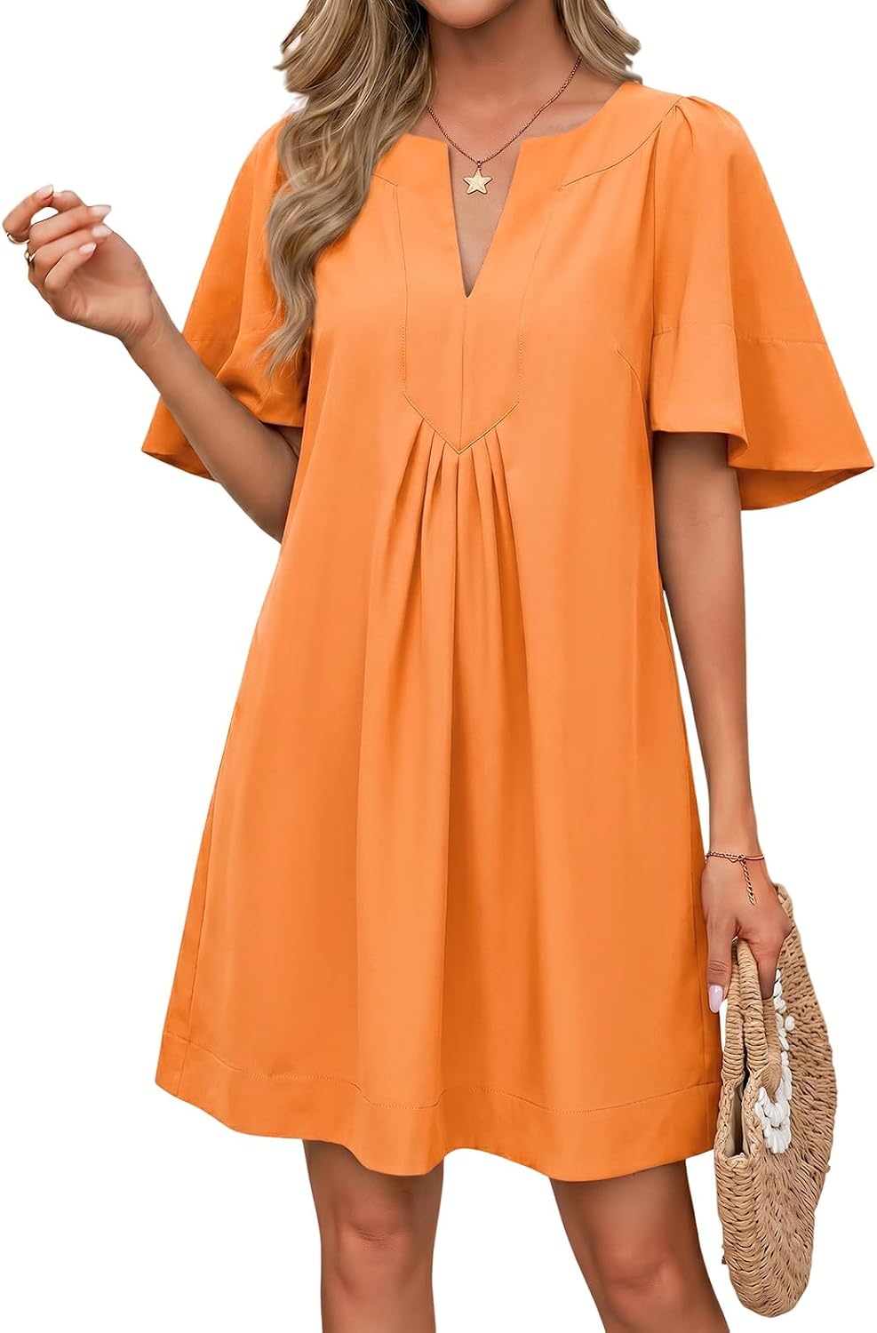 Wenrine Womens Shift Mini Dress Casual Short Sleeve Summer Dresses | Flutter Sleeve, V Neck, Loose Fit, Flowy, Short Beach dresses, Vacation