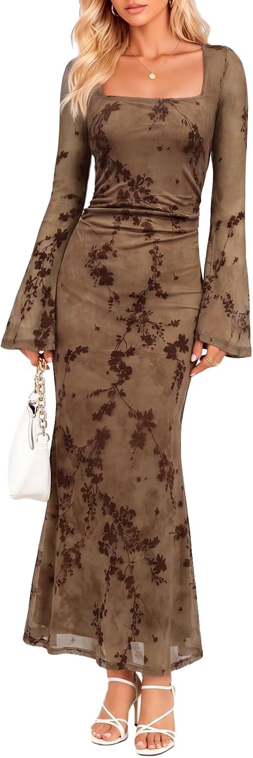Pagfxmn Women's Floral Bodycon Maxi Dress Square Neck Bell Long Sleeve Mesh Elegant Wedding Guest Cocktail Party Dresses