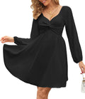 Florboom Women's Sweetheart Knot Front Dress Lantern Long Sleeve Smocked Back A-Line Chiffon Mini Dresses