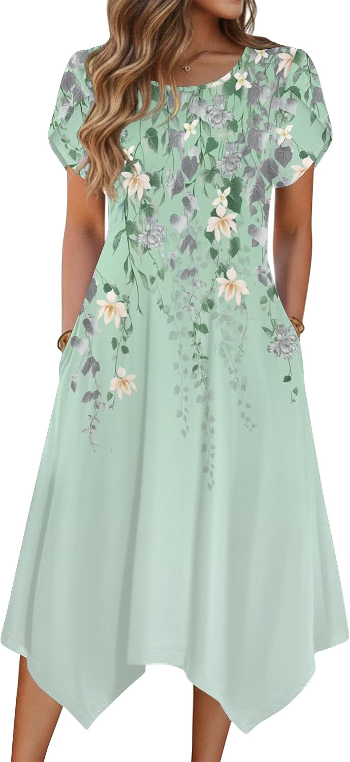 Zeagoo Womens Casual Dress for Summer Loose Hankerchief Flare Midi Sundress | Floral Print, Boho Style, Fall Wedding Guest Dress, A Line,Crew Neck, Side Pockets, Asymmetrical Hem, for Beach, Casual,Daily