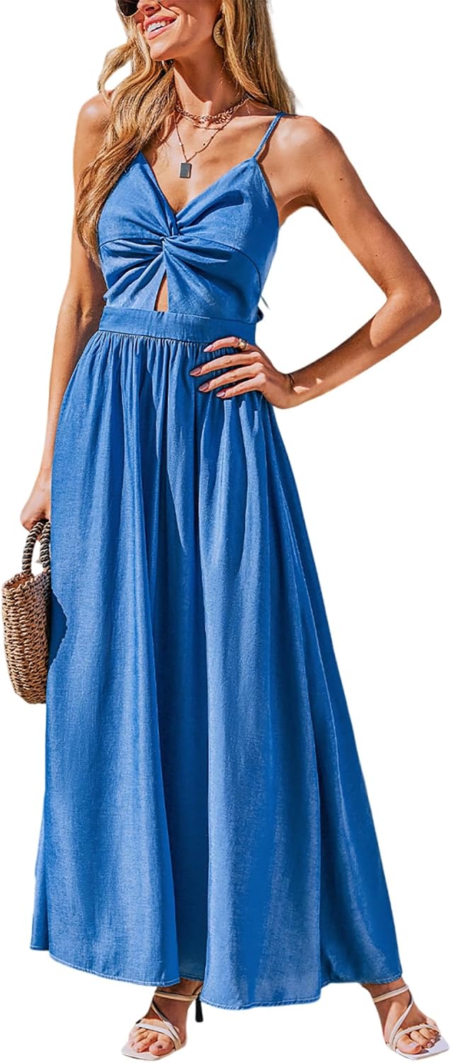 CUPSHE Women's V Neck Twisted Pleated Cutout Backless Formal Maxi Dress | Sleeveless, Self Tie Back, Adjustable Spaghetti Straps, Open Back, Casual Flowy Long Skirt, Summer Beach Resort Sundress