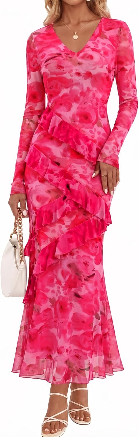 MEROKEETY Womens Fall Wedding Guest Floral Long Sleeve Bodycon Maxi Dress | 2026, Formal, V Neck, Ruffled, Mesh Overlay, Lined, Cocktail Party, Rehearsal Dinner, Bridal, Baby Shower, Date Night Dress