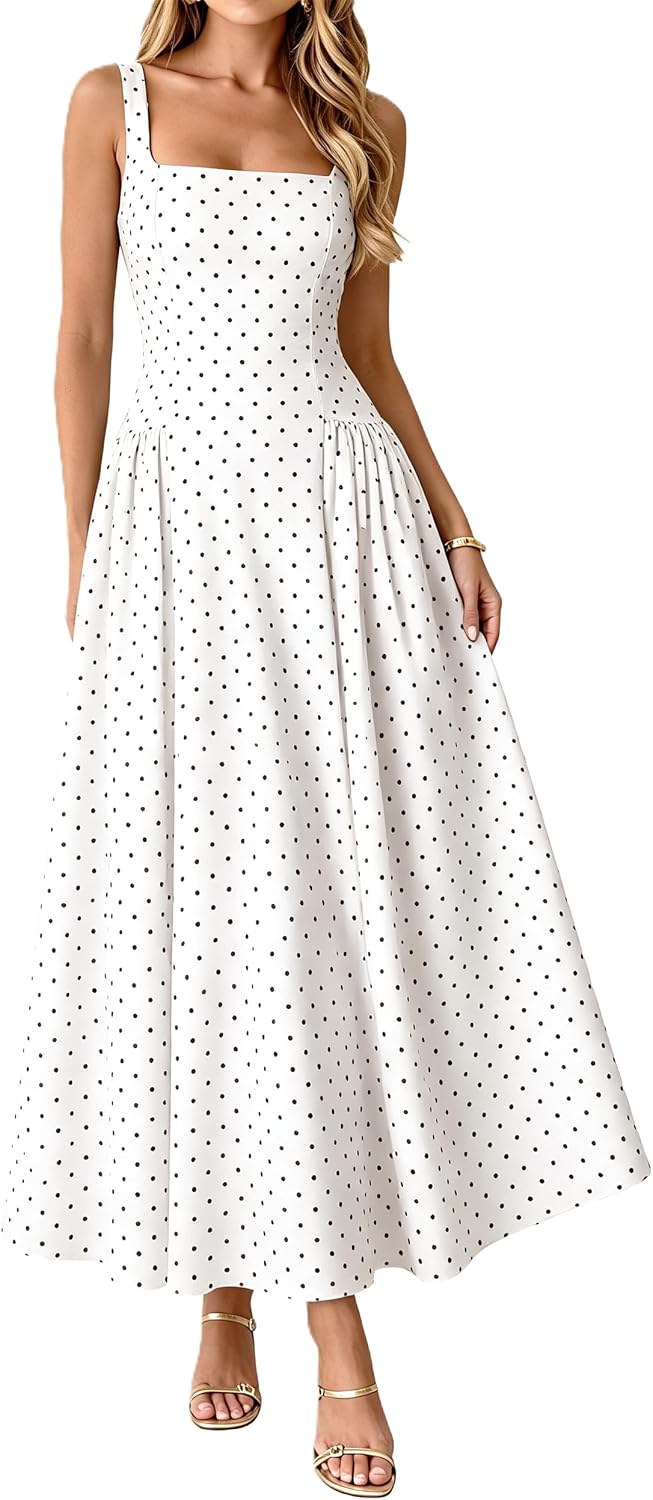 FOMELY Womens Polka Dot Dress Summer Casual Sleeveless Maxi Dress | Side Pockets, Square Neck, Wedding Guest Dress, Cocktail, Tea Party, Boho, Beach, Vacation, Long Dress, Tank, Comfy Fabric