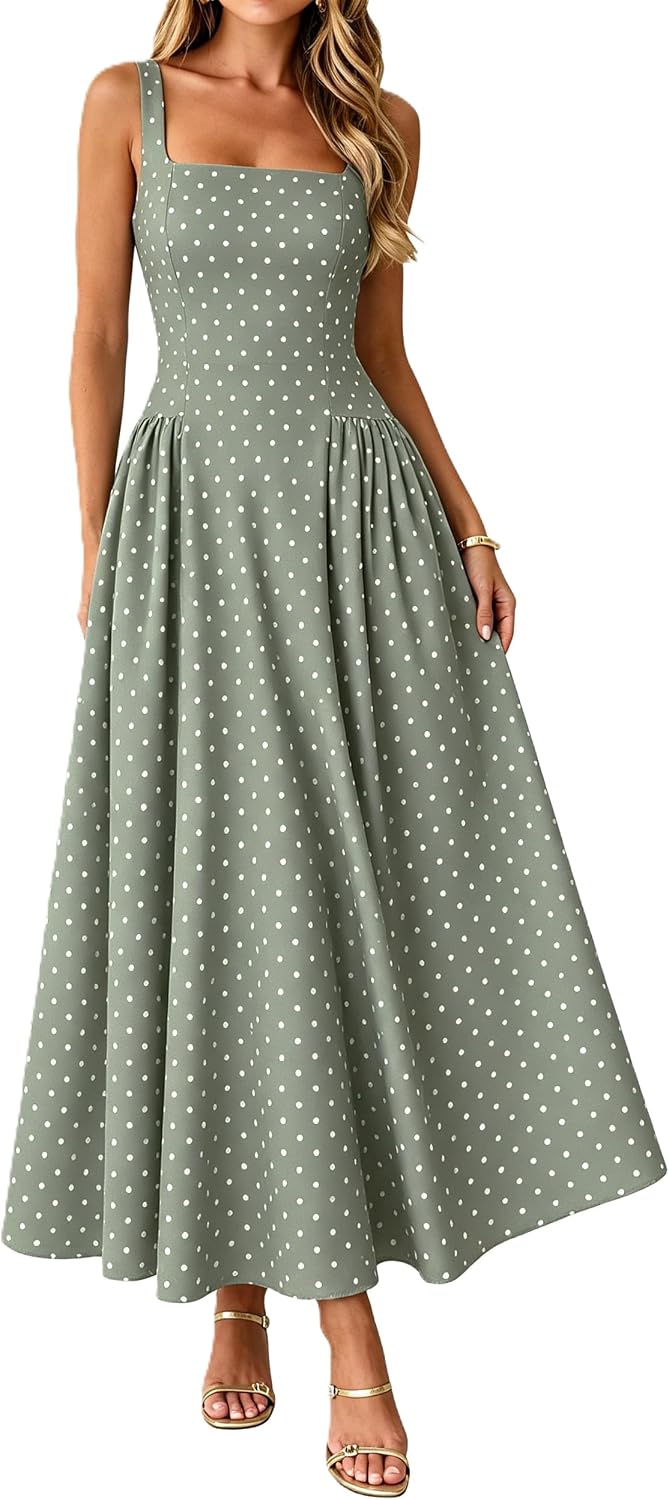 FOMELY Womens Polka Dot Dress Summer Casual Sleeveless Maxi Dress | Side Pockets, Square Neck, Wedding Guest Dress, Cocktail, Tea Party, Boho, Beach, Vacation, Long Dress, Tank, Comfy Fabric