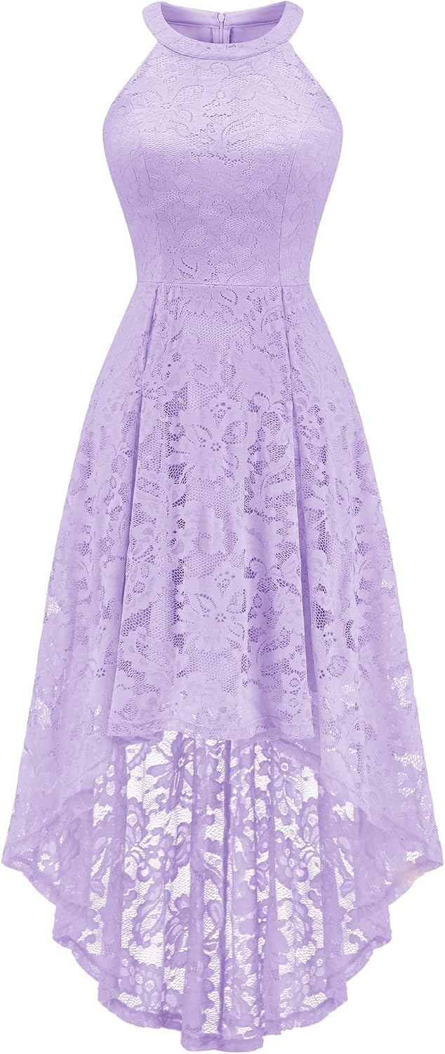 Dressystar Women Halter Lace Hi Lo Wedding Guest Cocktail Formal Dress | Bridesmaid Wedding Dresses,Sleeveless,Halter Top Neckline,High Low Hem,Elegant A line Design,Soft floral Lace Party Dress