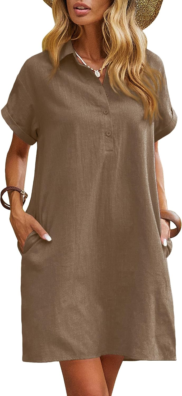 Zeagoo Womens Cotton Shirt Dress Summer Casual Short Sleeve Button Down Beach Cover Up Shirts with Pockets