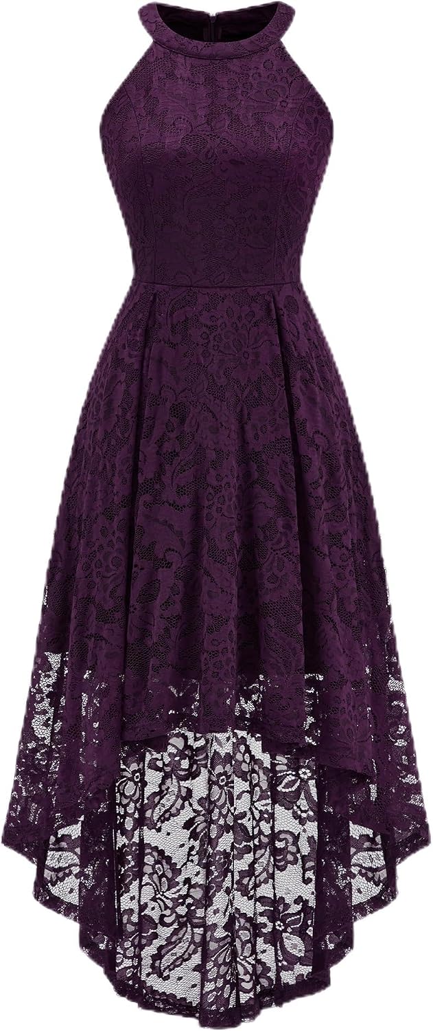 Dressystar Women Halter Lace Hi Lo Wedding Guest Cocktail Formal Dress | Bridesmaid Wedding Dresses,Sleeveless,Halter Top Neckline,High Low Hem,Elegant A line Design,Soft floral Lace Party Dress