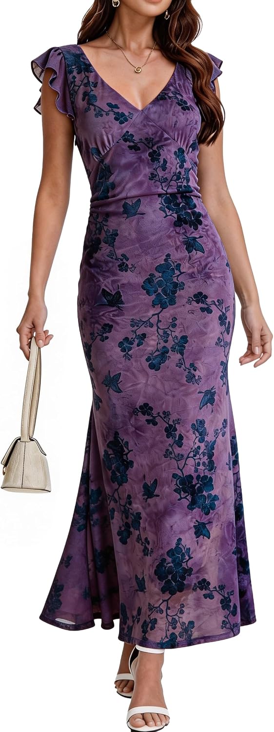 Women's Sleeveless V Neck Wedding Guest Dress Bodycon Floral Mesh Ruched Cocktail Mermaid Maxi Dresses Elegant Party Petite