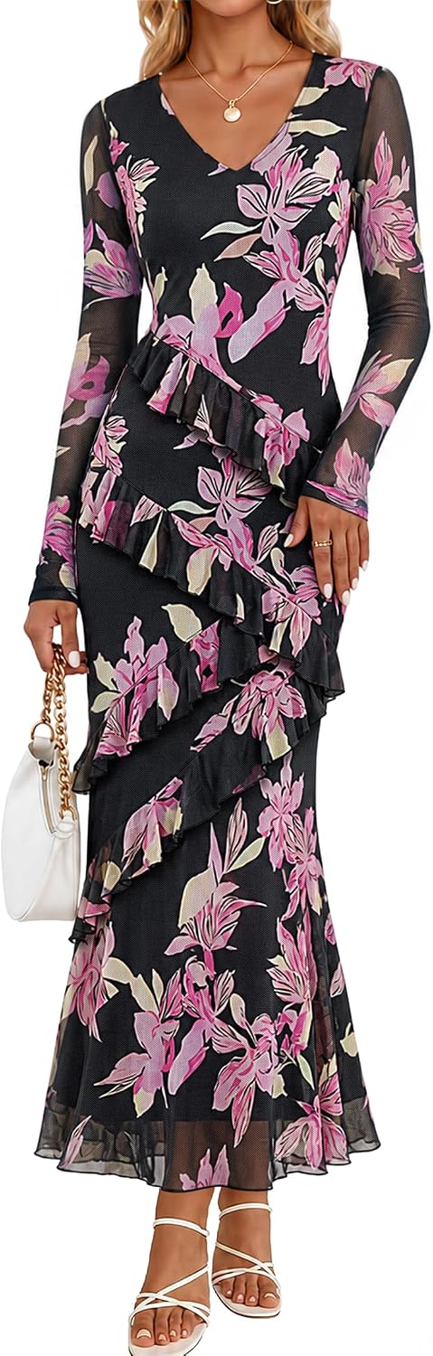 MEROKEETY Womens Fall Wedding Guest Floral Long Sleeve Bodycon Maxi Dress | 2026, Formal, V Neck, Ruffled, Mesh Overlay, Lined, Cocktail Party, Rehearsal Dinner, Bridal, Baby Shower, Date Night Dress