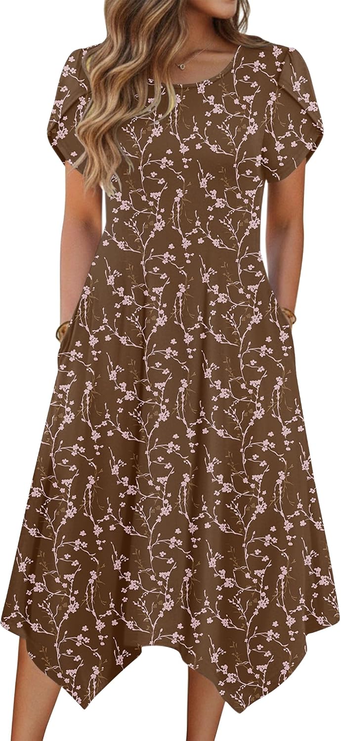Zeagoo Womens Casual Dress for Summer Loose Hankerchief Flare Midi Sundress | Floral Print, Boho Style, Fall Wedding Guest Dress, A Line,Crew Neck, Side Pockets, Asymmetrical Hem, for Beach, Casual,Daily