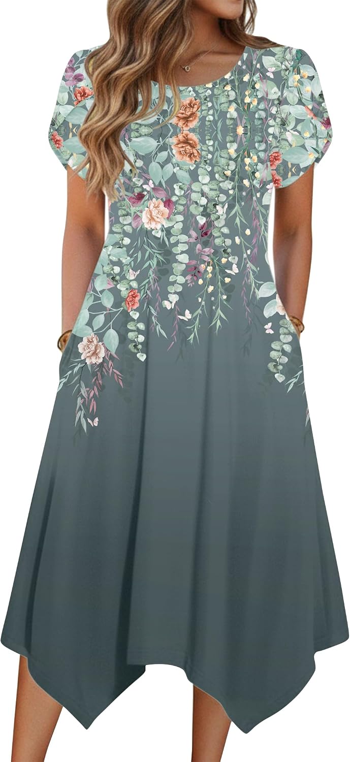 Zeagoo Womens Casual Dress for Summer Loose Hankerchief Flare Midi Sundress | Floral Print, Boho Style, Fall Wedding Guest Dress, A Line,Crew Neck, Side Pockets, Asymmetrical Hem, for Beach, Casual,Daily