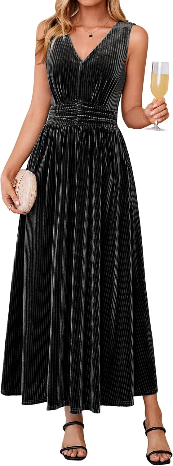 Simplee Womens Velvet Sleeveless Formal Wedding Guest Cocktail Maxi Dress | V Neck High Waist, Fall Winter Holiday Party Prom, Elegant Vintage Long Dress, Bridesmaid, Flowy Casual, Pocket