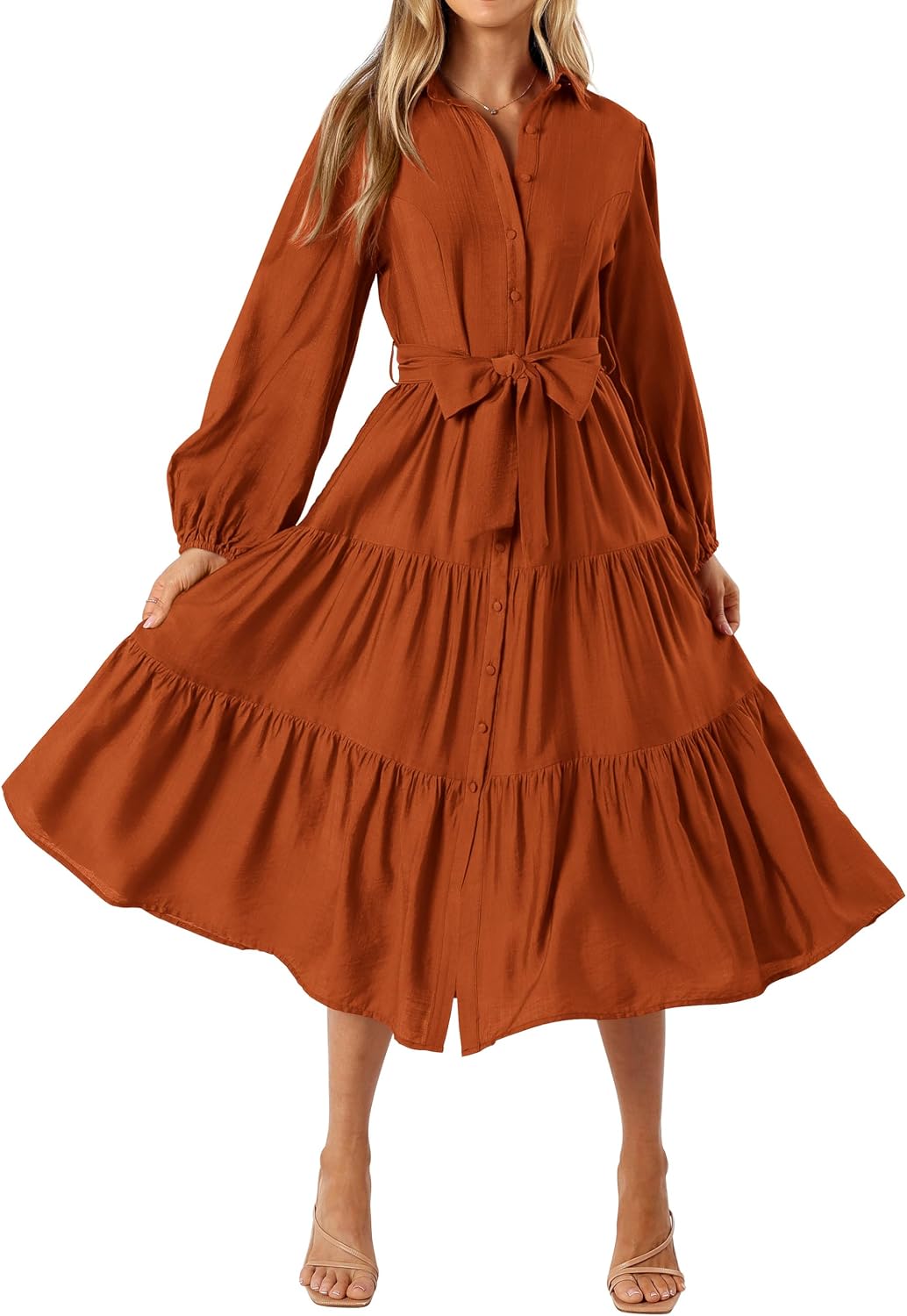 MASCOMODA Womens Dresses Fall Button Long Sleeve Midi Dress | Tie Waist Shirt Dress with Pockets, Button Down Collar V Neck, Flowy A Line, Tiered, Elastic Cuffs, Boho Casual Long Dresses