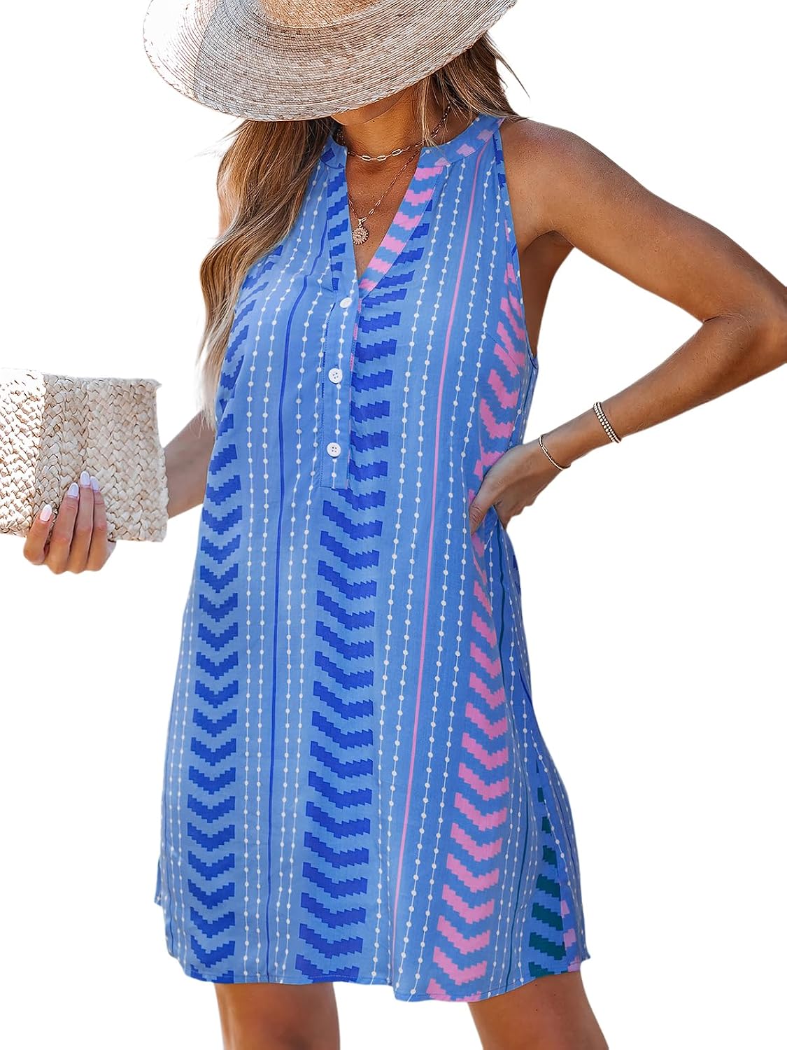 CUPSHE Women's Striped Halter V-Neck Button Up Shift Mini Dress | Sleeveless, Relaxed Fit, Button Down, Flowy Linen Short Coverup Dress, For Summer Beach Vacations, Resort, Casual Daily Wear