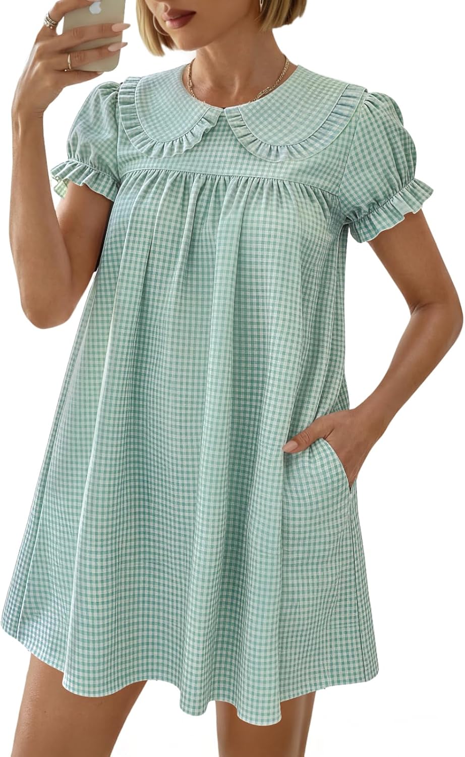 Xuiqx Women's Cute Babydoll Mini Dress Peter Pan Collar Ruffle Short Sleeve Pleated A Line Dresses 2026 Summer